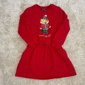 Polo by Ralph Lauren Girls Polo Bear Red Fleece Sweater Dress Long Sleeve